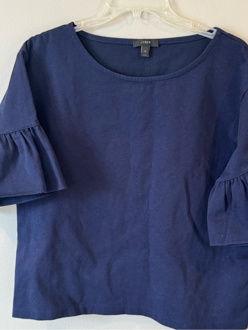 J Crew Top Womens Size Medium  Navy Blue Ruffle Sleeve Cropped Preppy